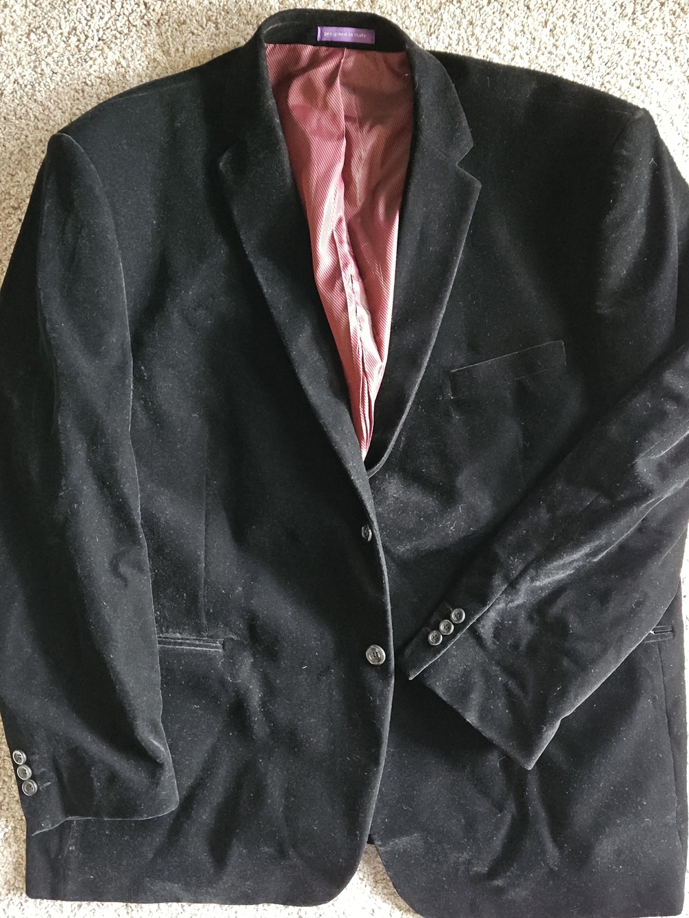 Men's Black Velvet Blazer with Burgundy Lining